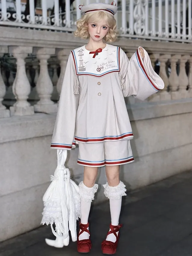 Beige Ouji Sailor Theme Shorts with Contrast Trim