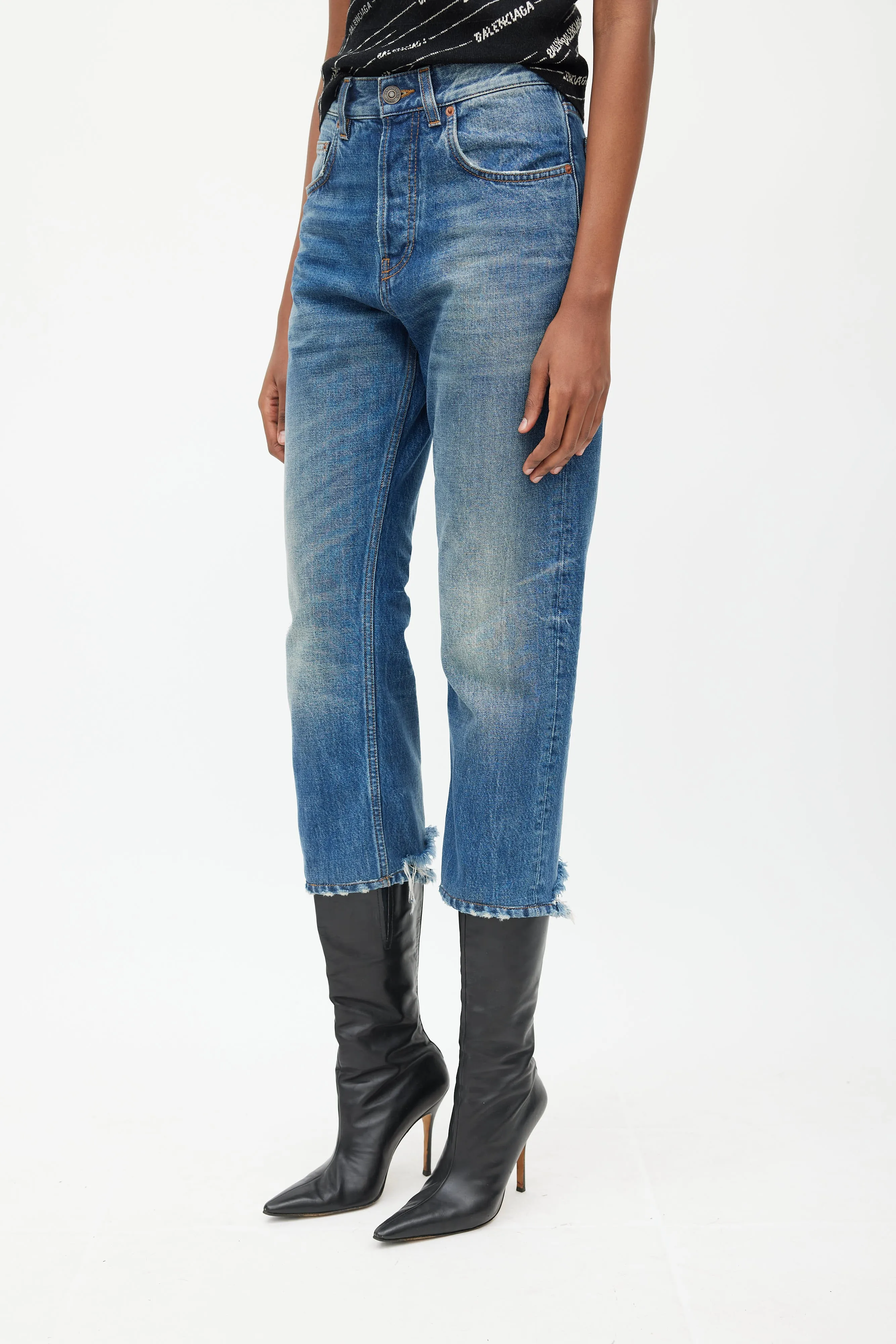 Blue Distressed Cropped Jeans