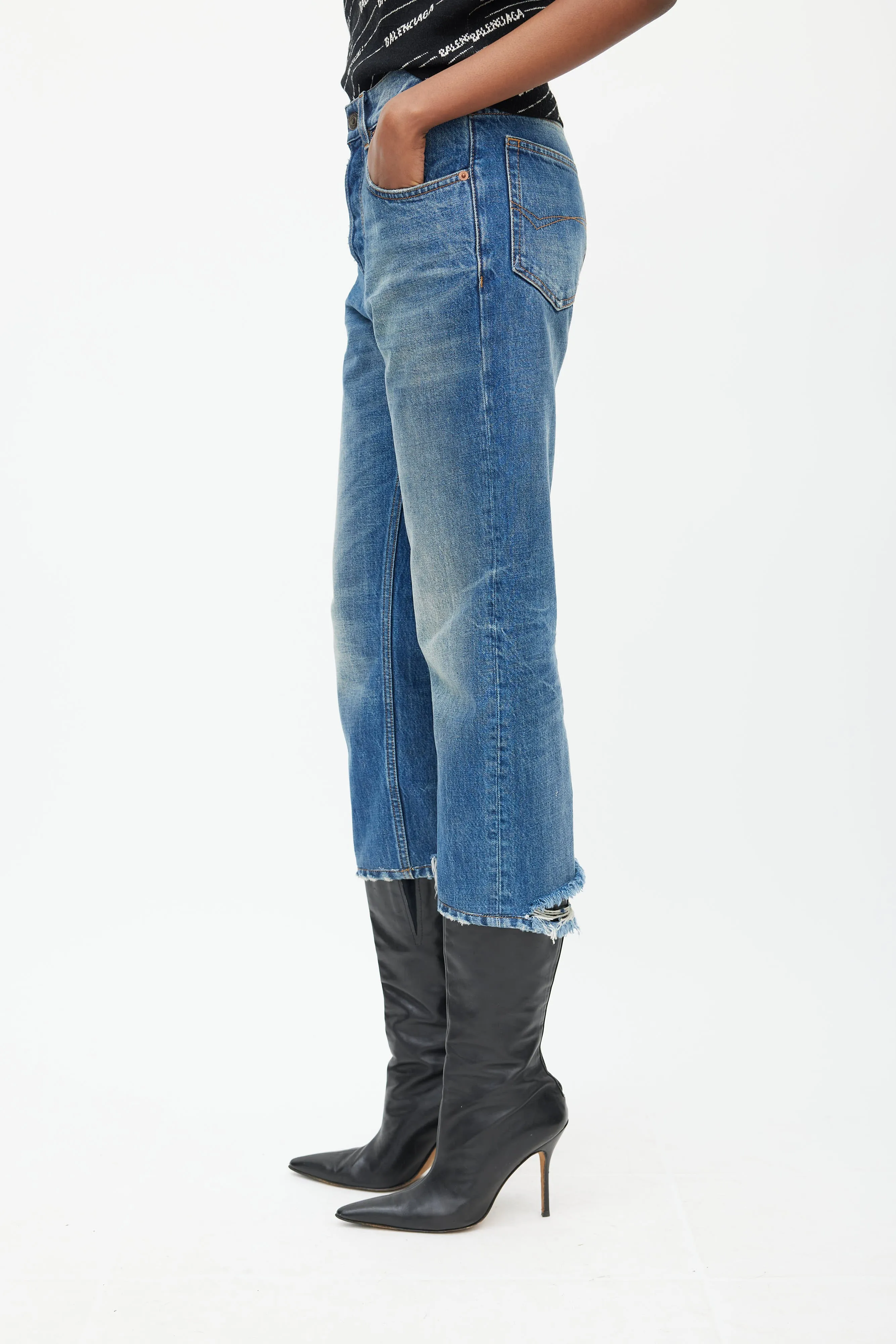 Blue Distressed Cropped Jeans