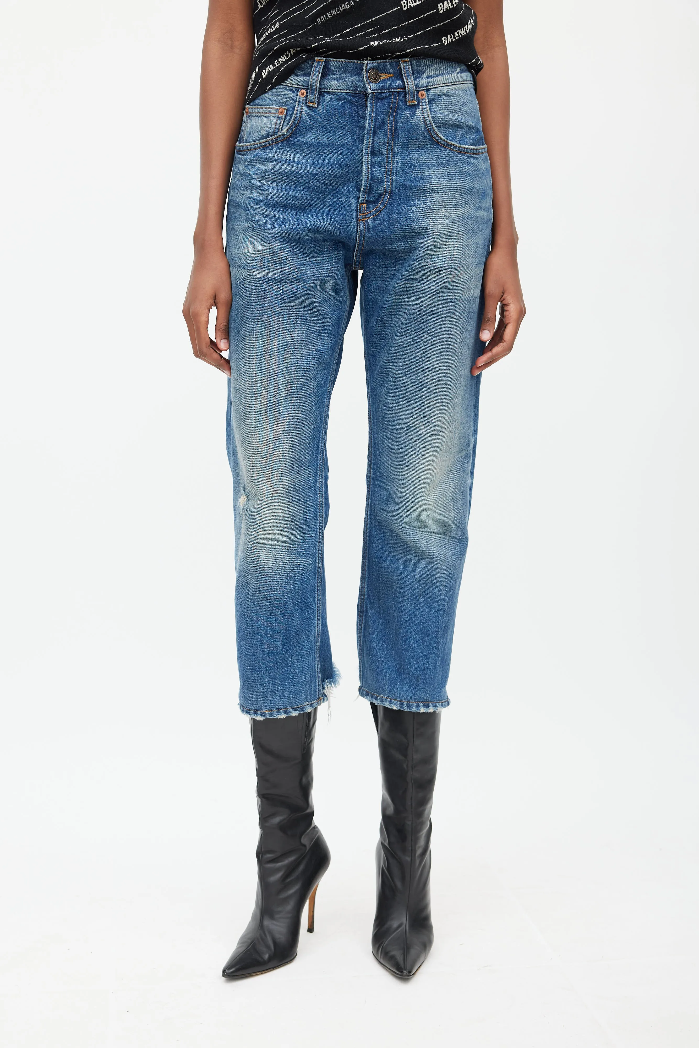 Blue Distressed Cropped Jeans