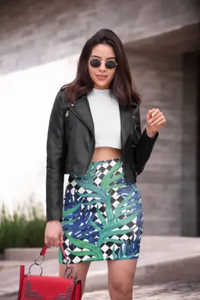 CHECKERBOARD PALM BLUE Pencil Skirt