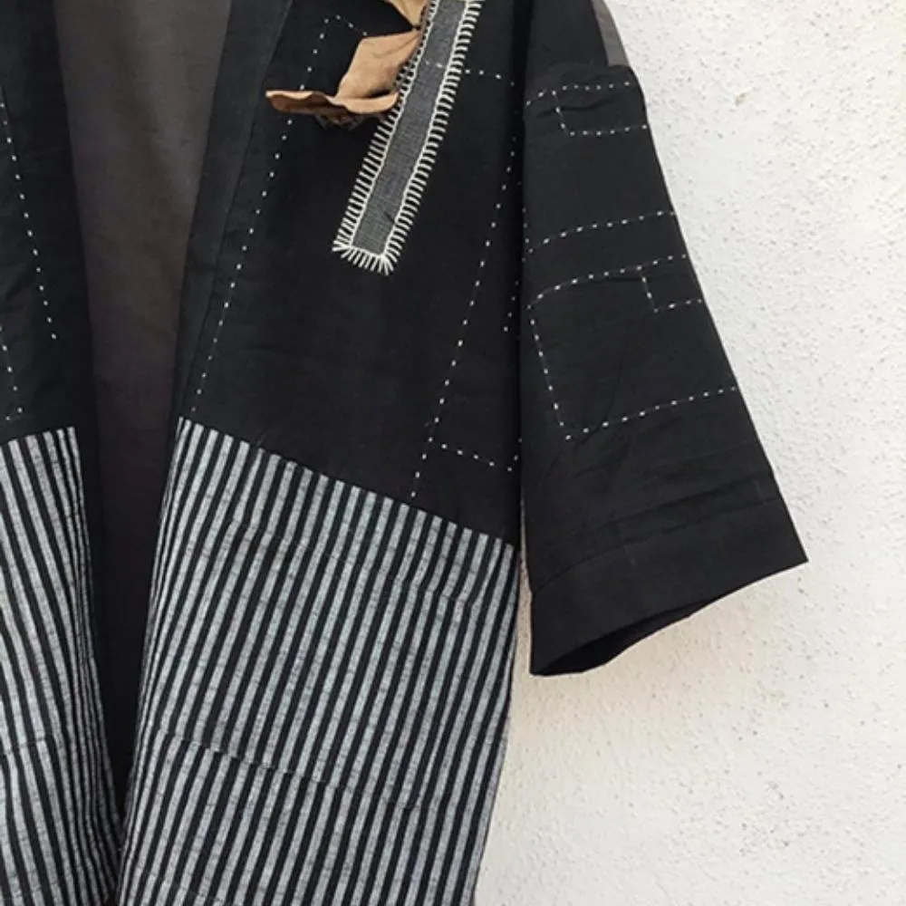 Classic Black Kimono Jacket | Elegant Style | Hand-Crafted | Kantha Embroidery