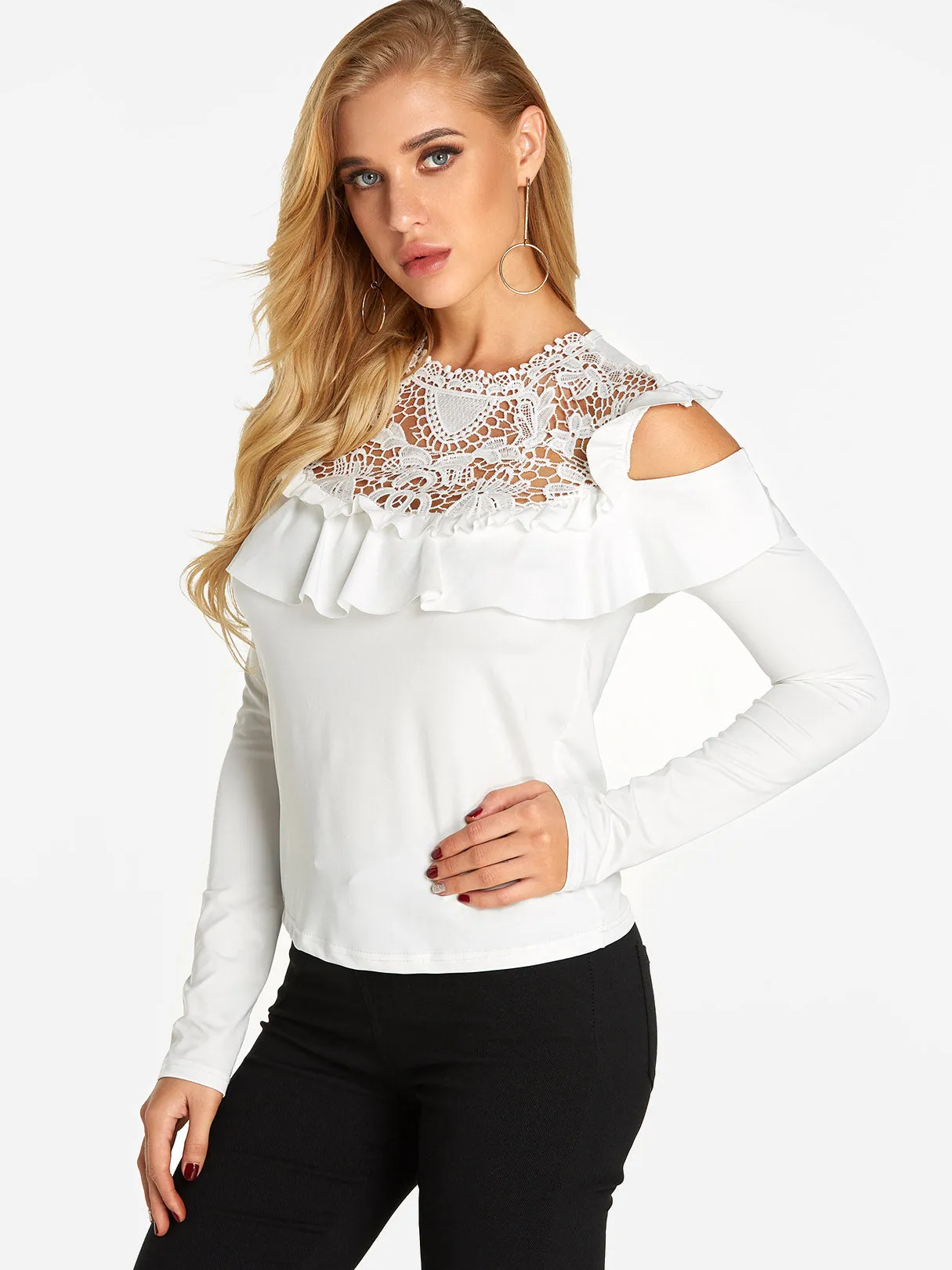 Custom Crew Neck Plain Lace Tiered Long Sleeve T-Shirts