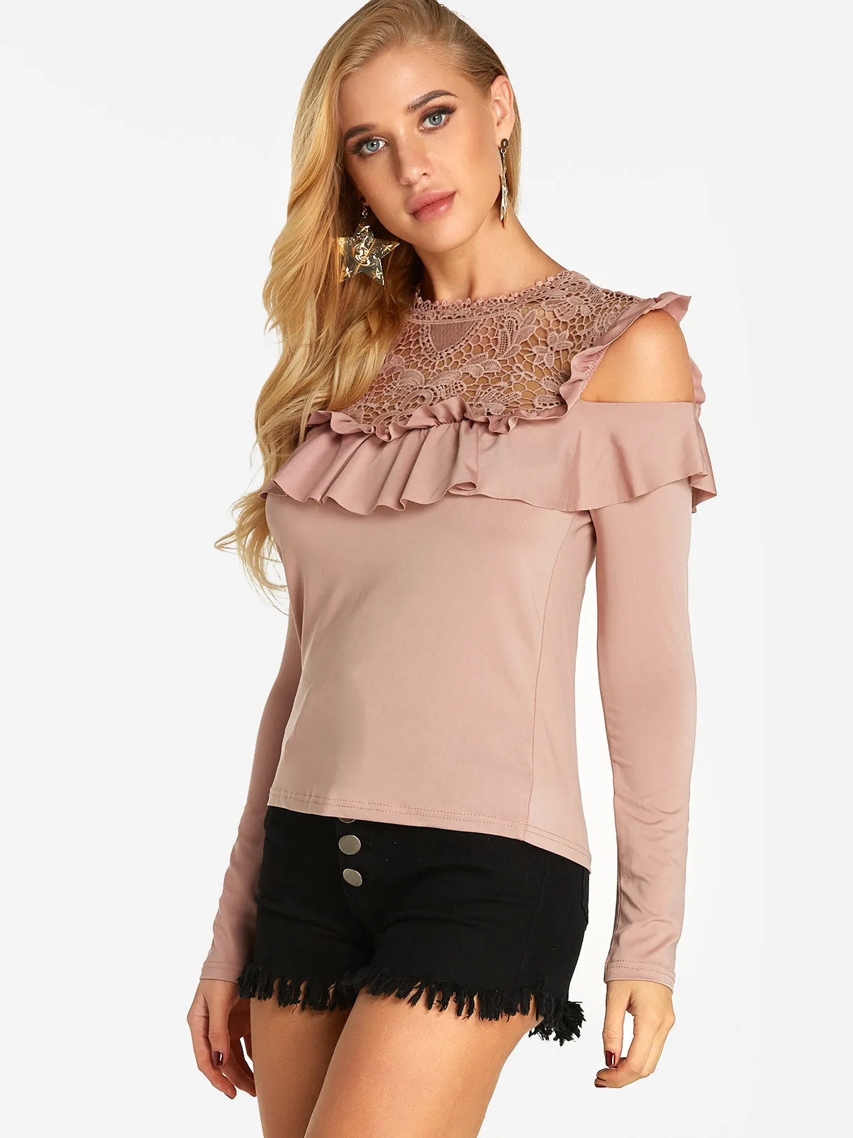 Custom Crew Neck Plain Lace Tiered Long Sleeve T-Shirts