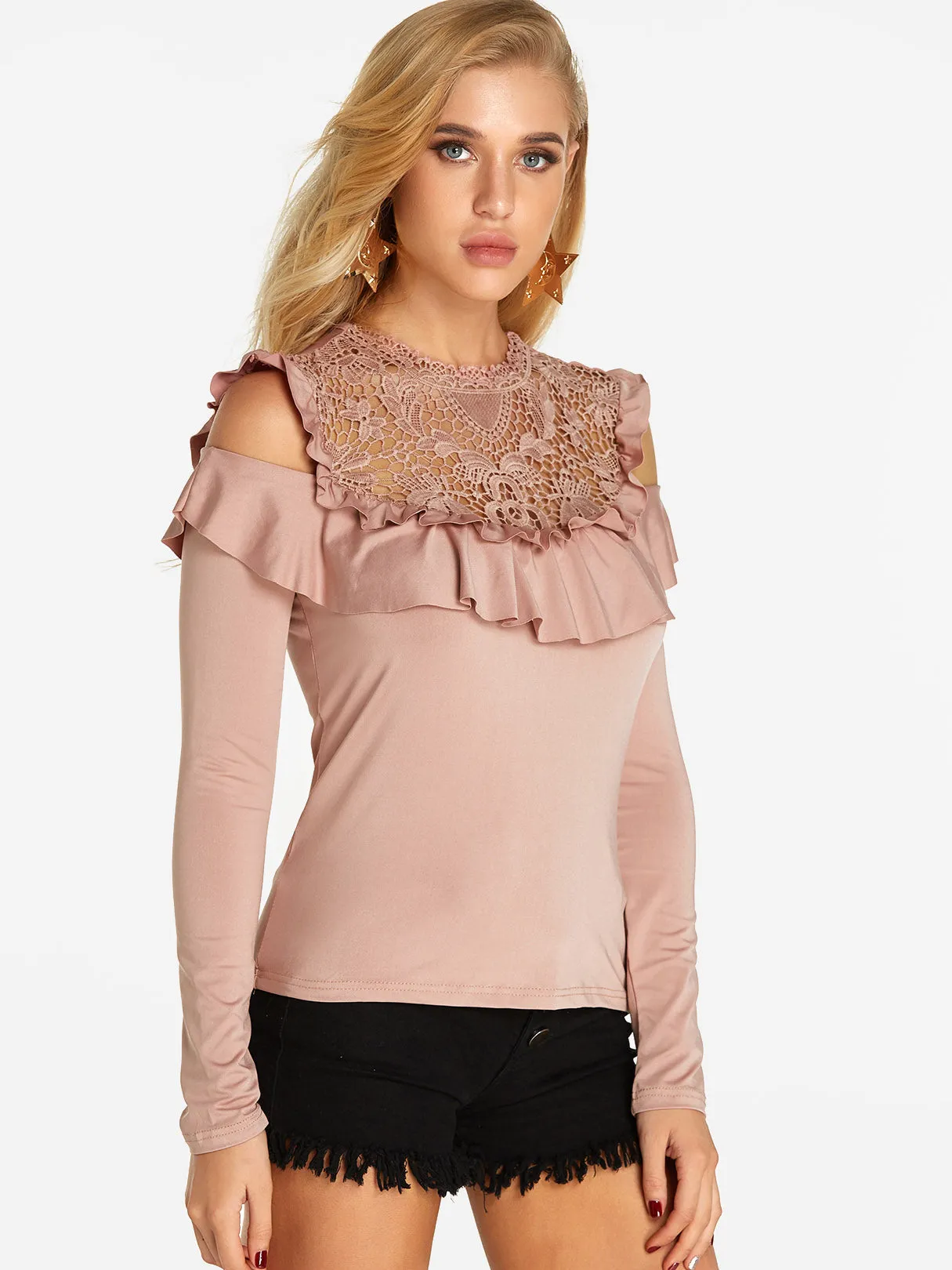 Custom Crew Neck Plain Lace Tiered Long Sleeve T-Shirts