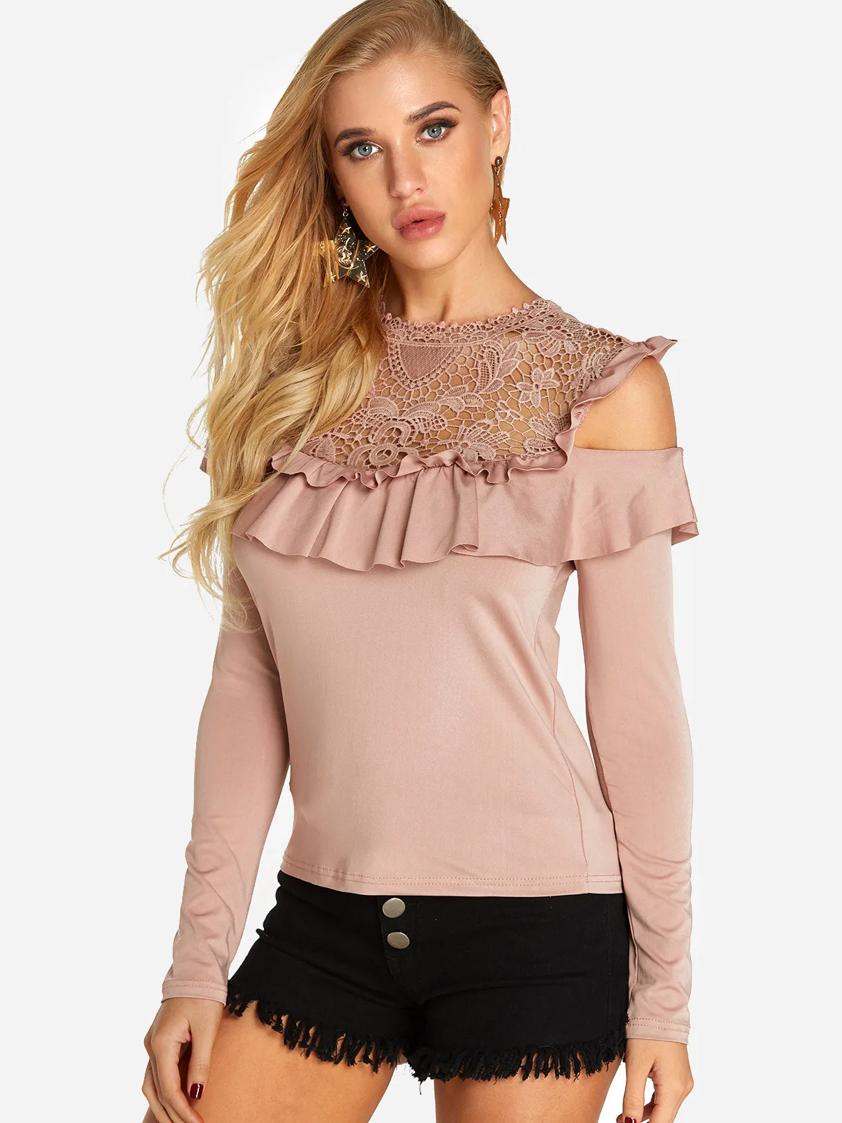 Custom Crew Neck Plain Lace Tiered Long Sleeve T-Shirts