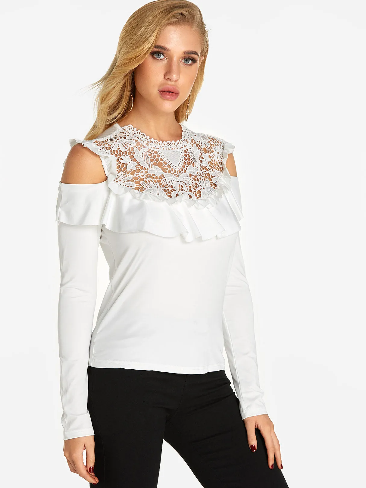 Custom Crew Neck Plain Lace Tiered Long Sleeve T-Shirts