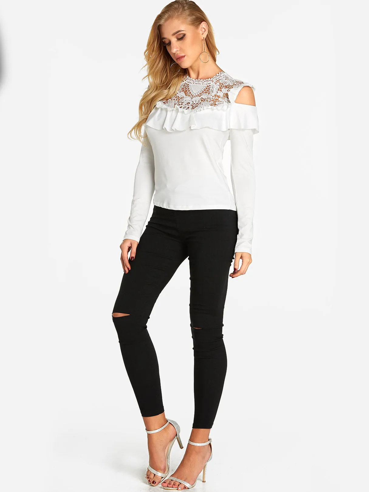 Custom Crew Neck Plain Lace Tiered Long Sleeve T-Shirts