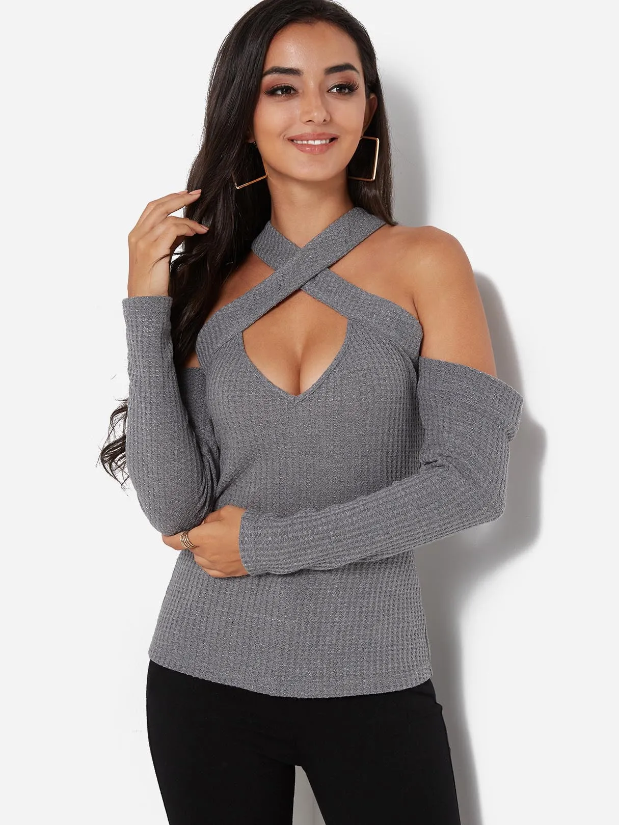 Custom Crossed Collar Off The Shoulder Plain Cut Out Criss-Cross Long Sleeve Grey T-Shirts