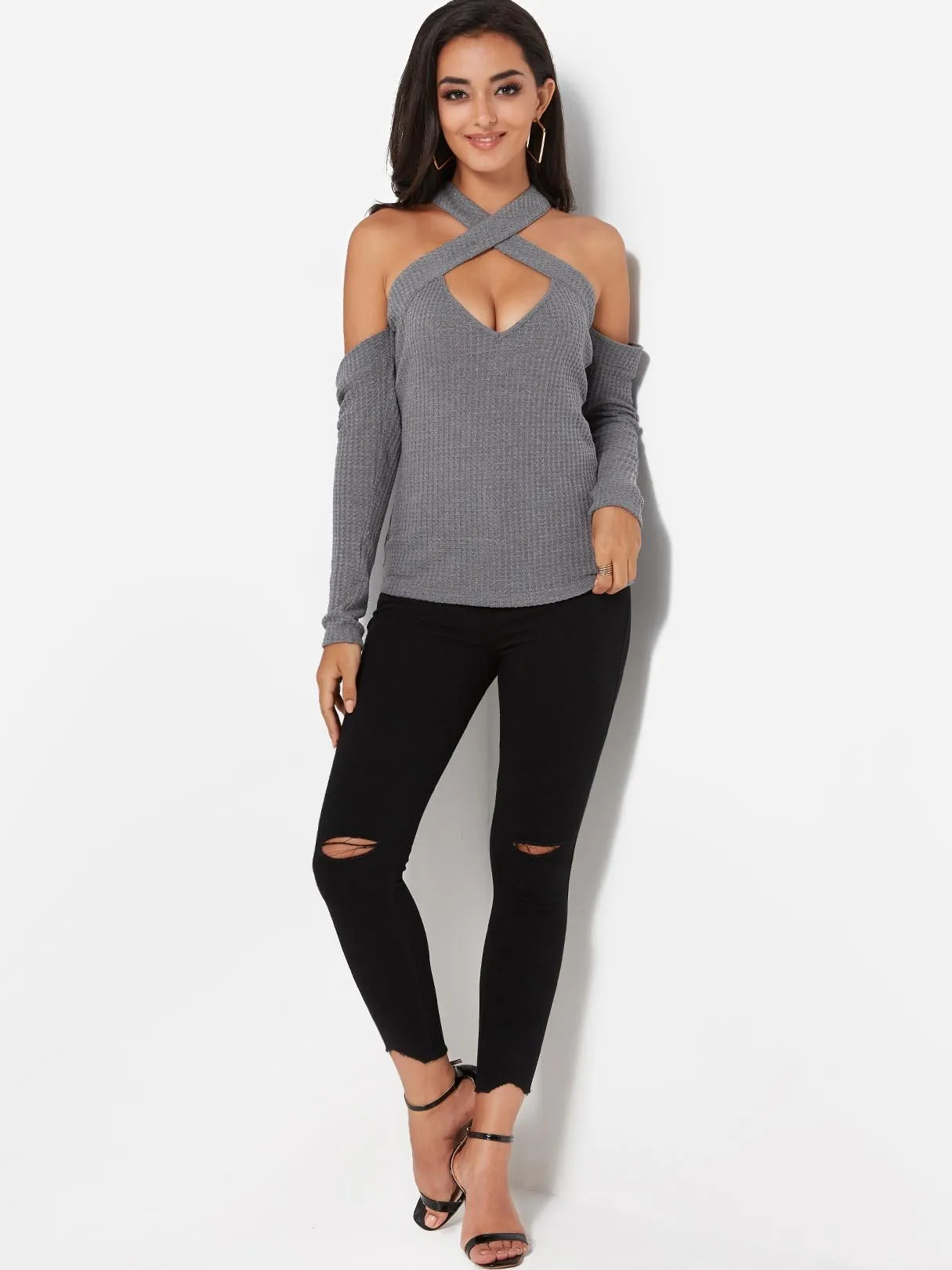 Custom Crossed Collar Off The Shoulder Plain Cut Out Criss-Cross Long Sleeve Grey T-Shirts