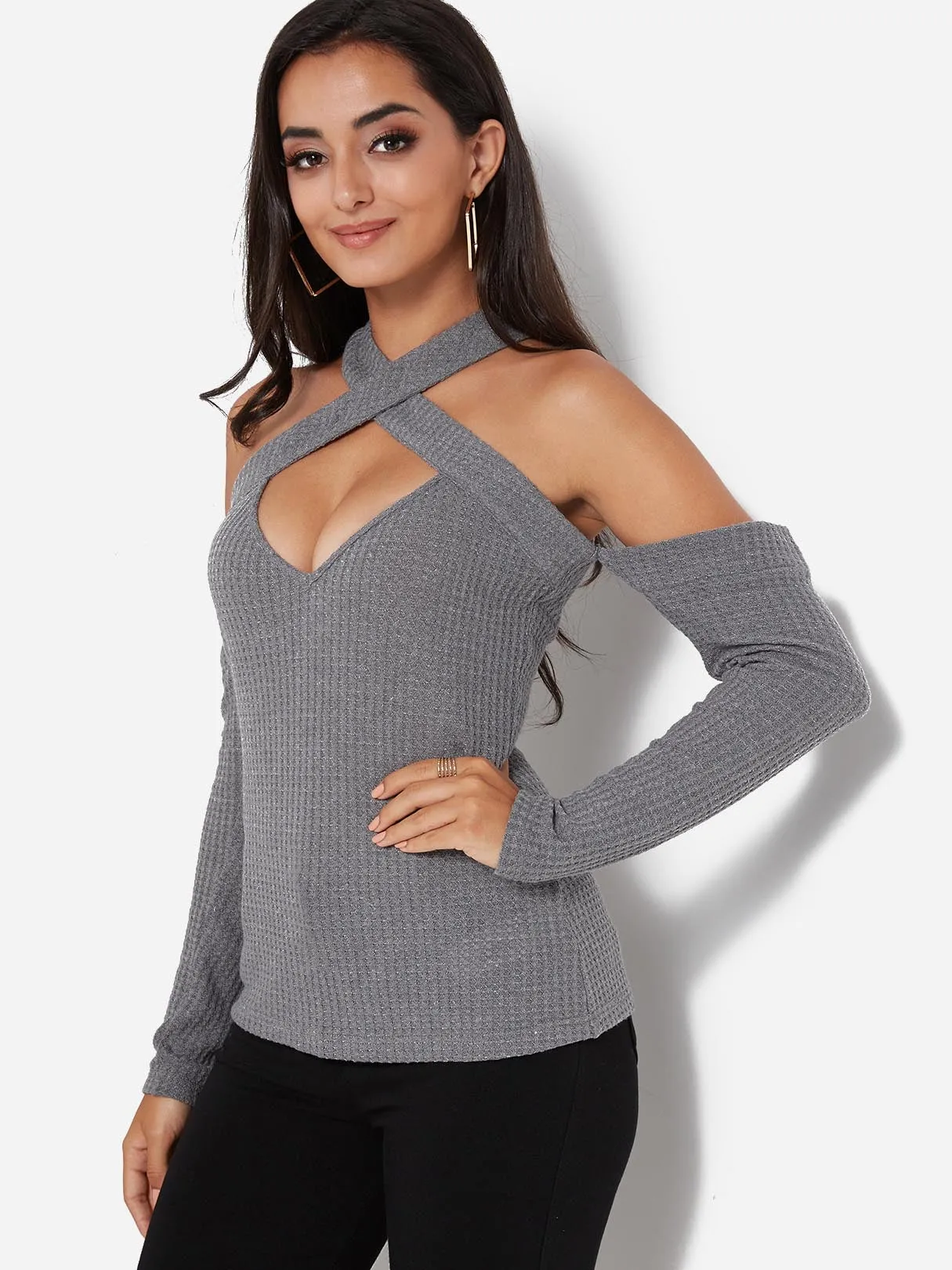 Custom Crossed Collar Off The Shoulder Plain Cut Out Criss-Cross Long Sleeve Grey T-Shirts