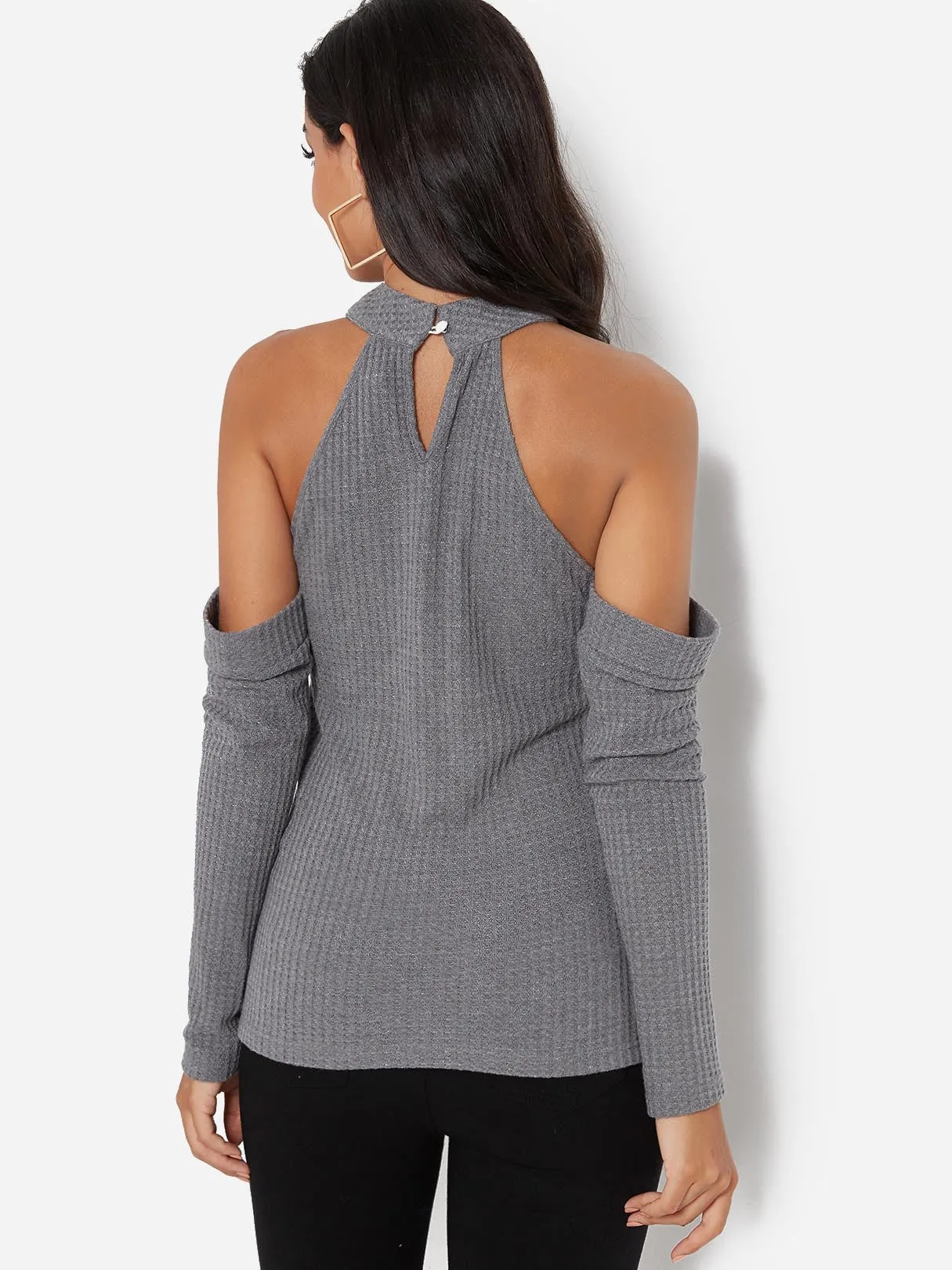 Custom Crossed Collar Off The Shoulder Plain Cut Out Criss-Cross Long Sleeve Grey T-Shirts