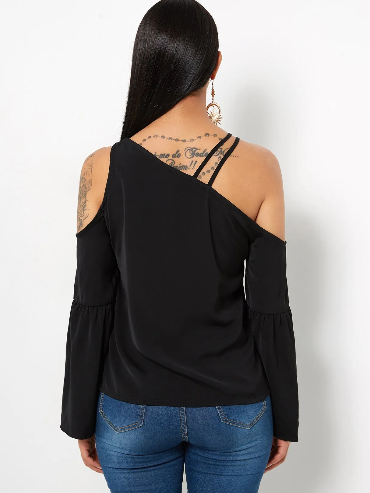 Custom Halter Asymmetrical Plain Long Sleeve Black T-Shirts