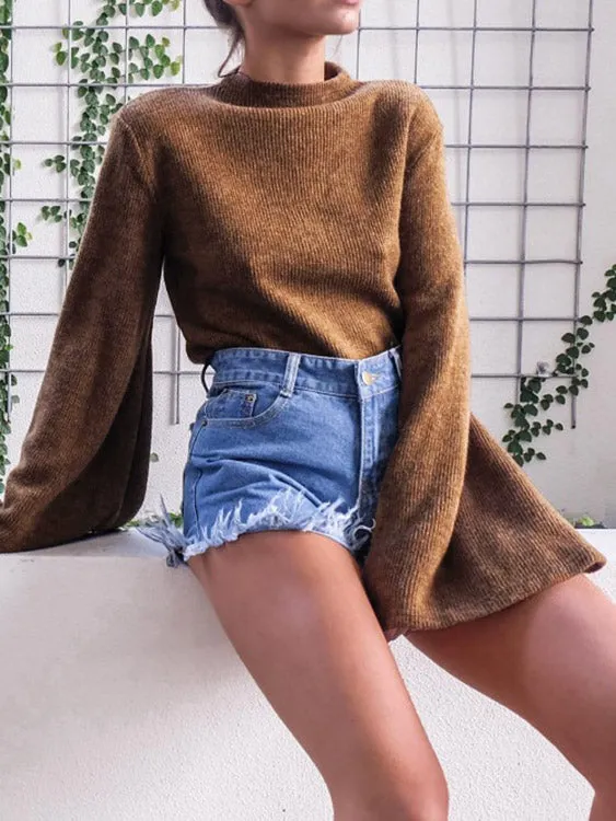 Custom Perkins Collar Plain Long Sleeve Top