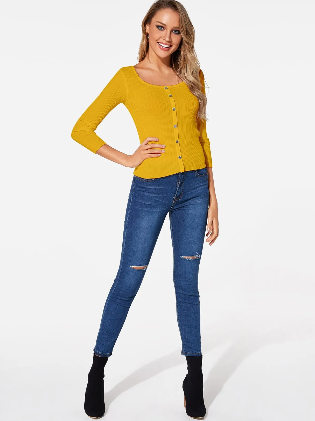 Custom Scoop Neck Plain 3/4 Sleeve Yellow T-Shirts