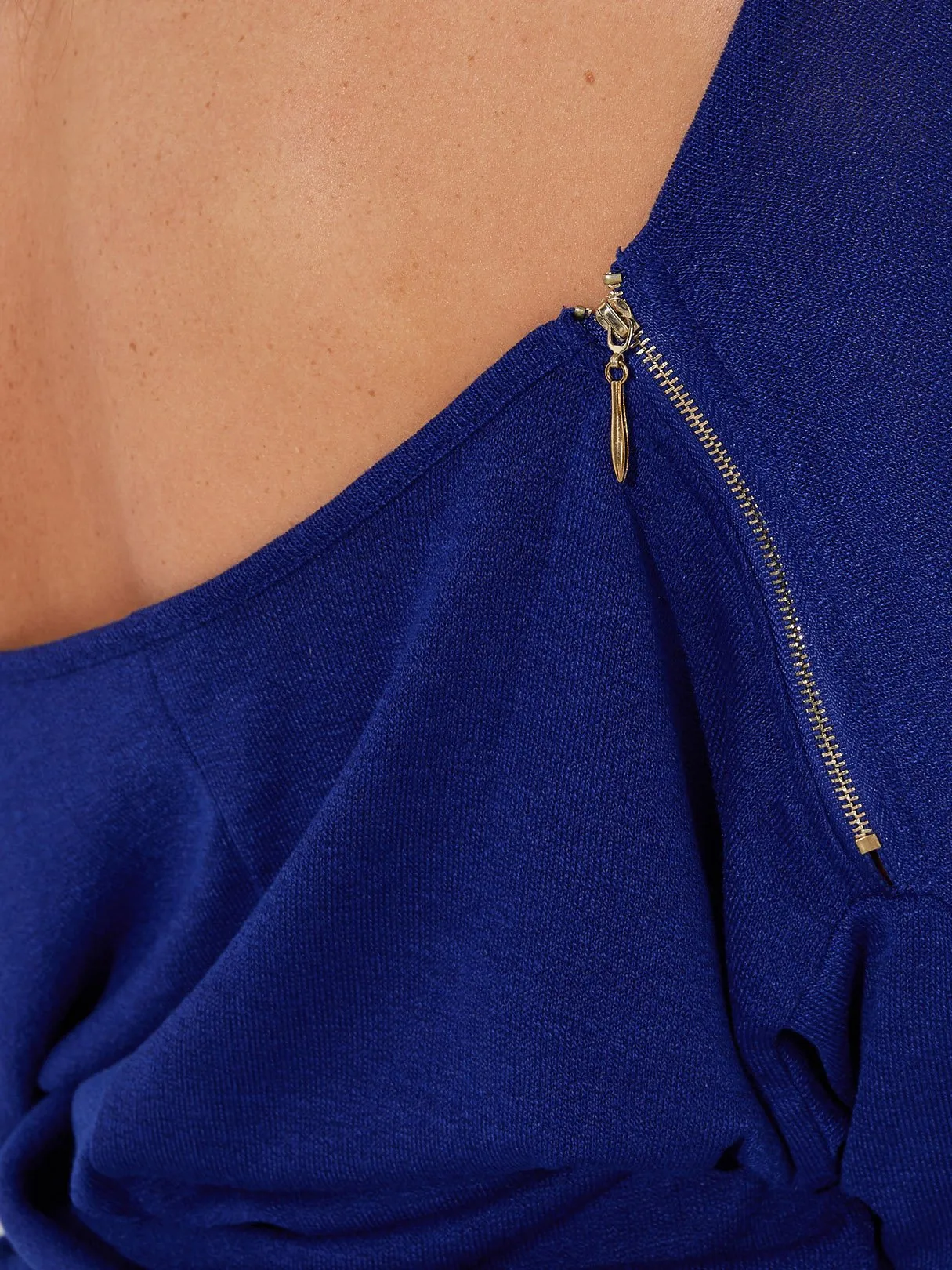 Custom V-Neck Drape Sagging Plain Zip Back Pleated Long Sleeve Blue T-Shirts