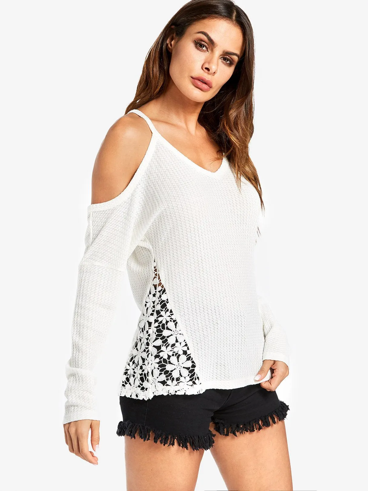 Custom V-Neck Plain Lace Cut Out Long Sleeve White T-Shirts