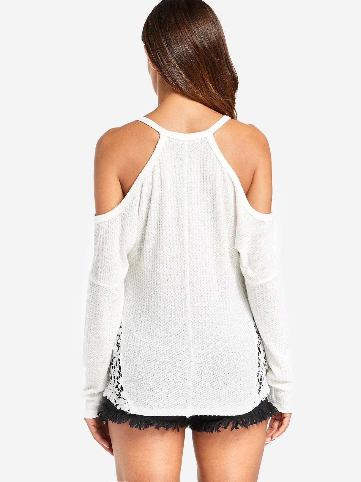 Custom V-Neck Plain Lace Cut Out Long Sleeve White T-Shirts