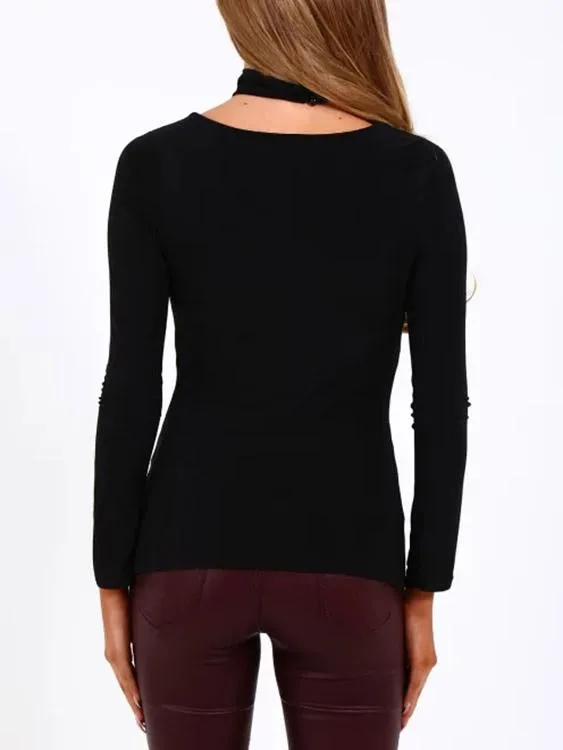 Custom V-Neck Plain Long Sleeve Bodycon Hem Black Top