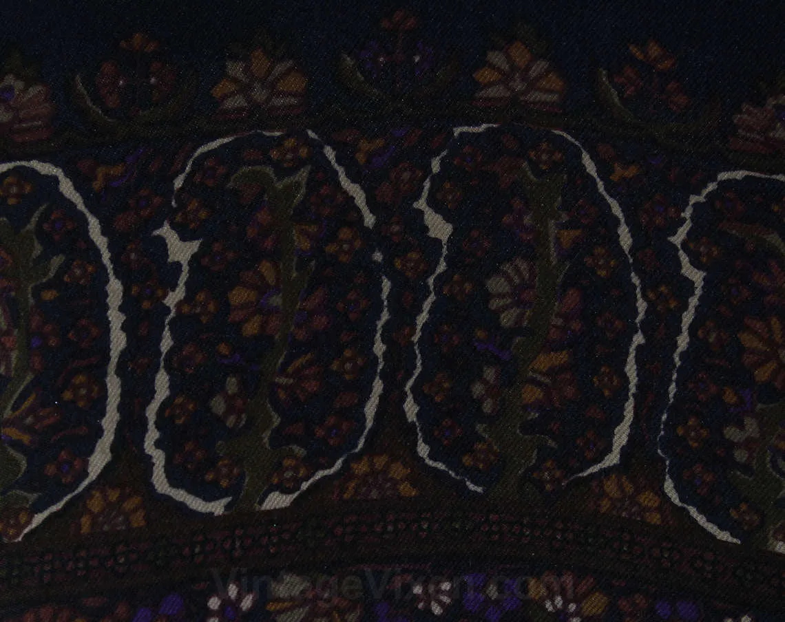 Liberty of London Silk Scarf - Brown Paisley Neck Scarf - Made in England - 1960s Paisleys Border Print - Umber Black Purple - Rectangular