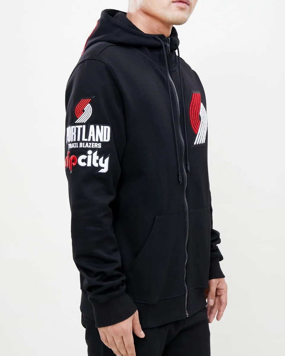 NBA PORTLAND TRAIL BLAZERS CLASSIC CHENILLE MEN'S FZ PO HOODIE (BLACK)