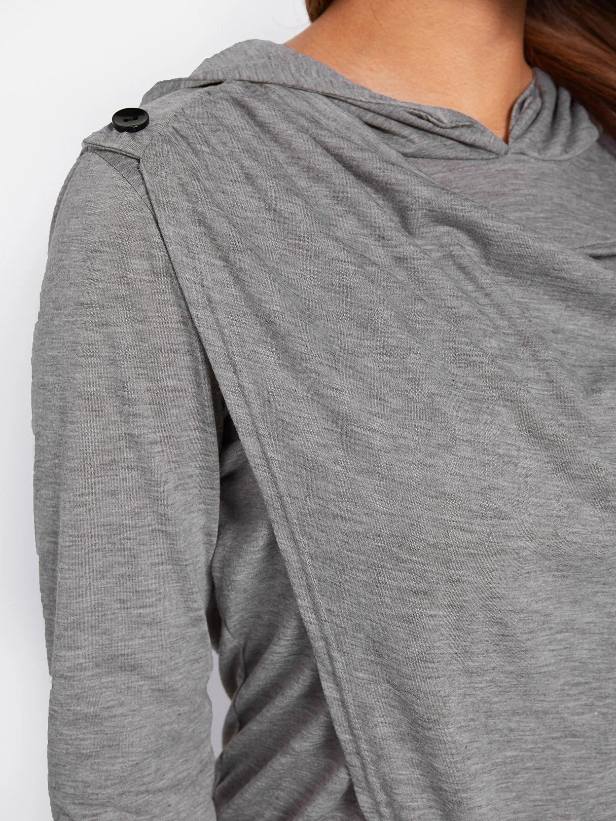 OEM ODM Drape Sagging Plain Crossed Front Hooded Long Sleeve Irregular Hem Grey Top
