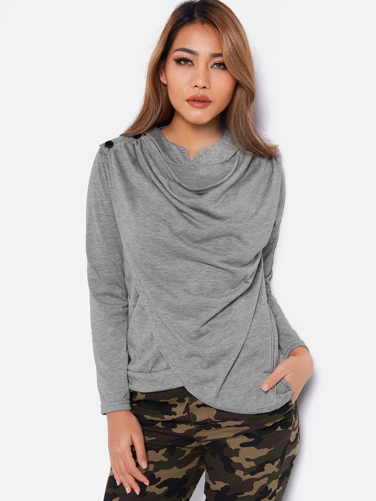 OEM ODM Drape Sagging Plain Crossed Front Hooded Long Sleeve Irregular Hem Grey Top