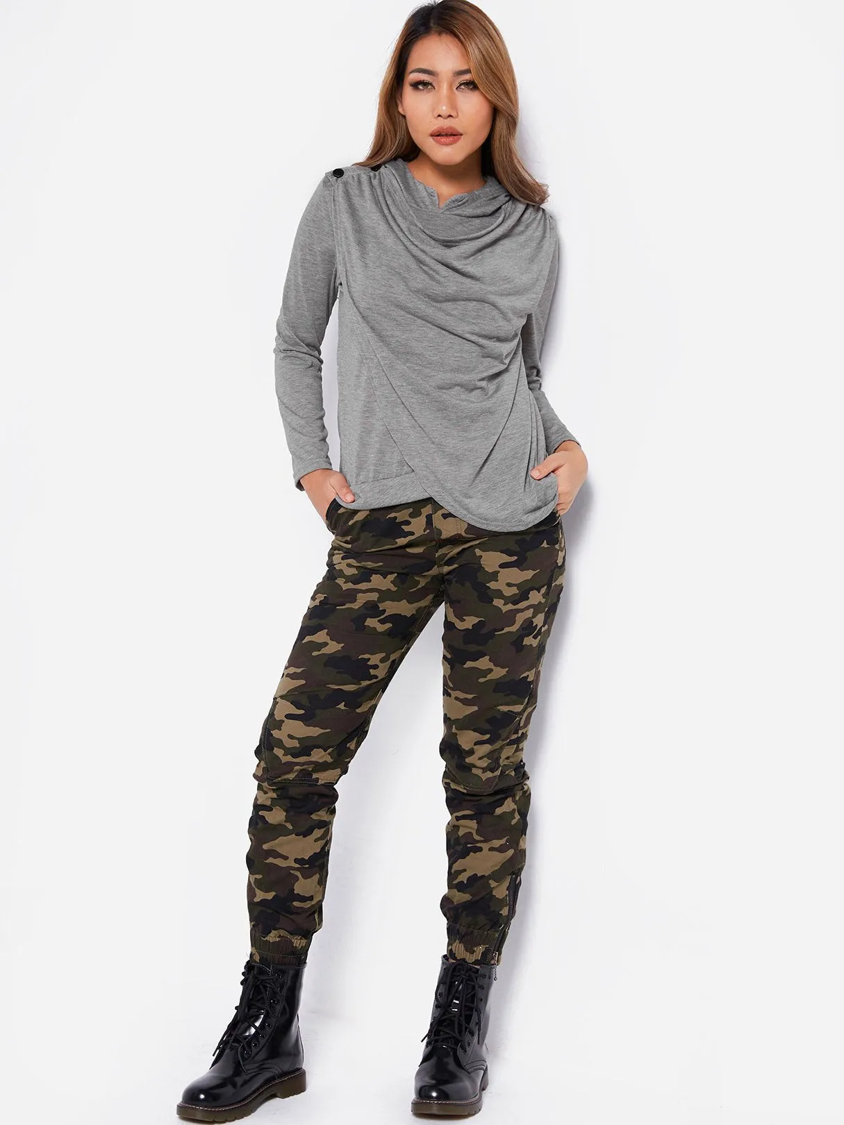 OEM ODM Drape Sagging Plain Crossed Front Hooded Long Sleeve Irregular Hem Grey Top