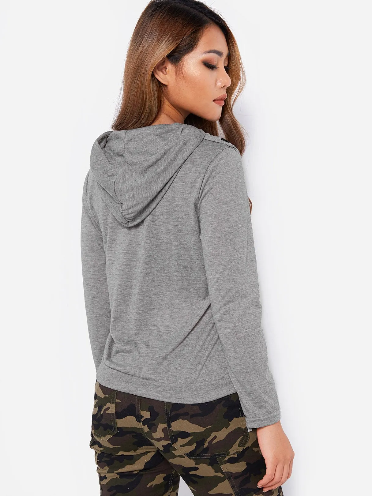 OEM ODM Drape Sagging Plain Crossed Front Hooded Long Sleeve Irregular Hem Grey Top