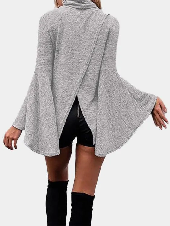 OEM ODM Perkins Collar Plain Crossed Front Long Sleeve Grey Top