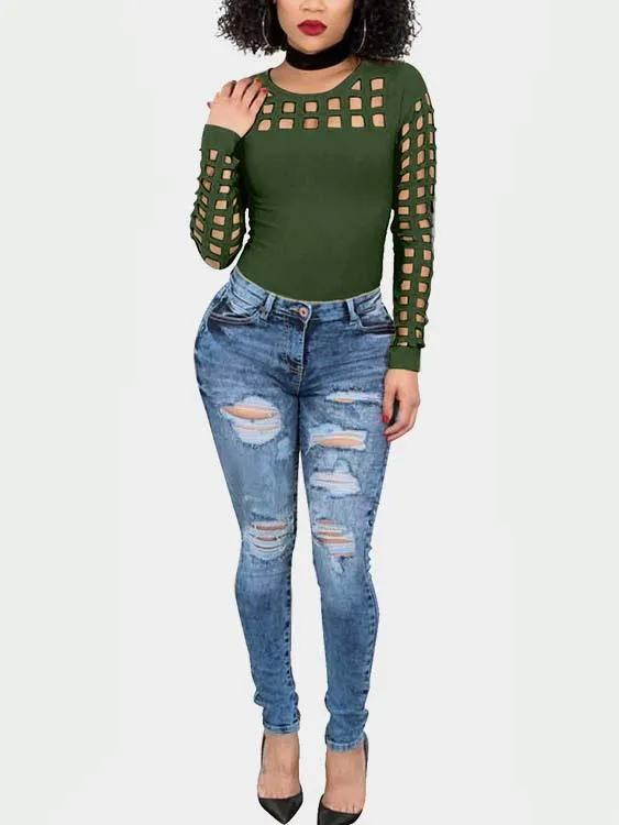 OEM ODM Round Neck Plain Hollow Long Sleeve Green T-Shirts