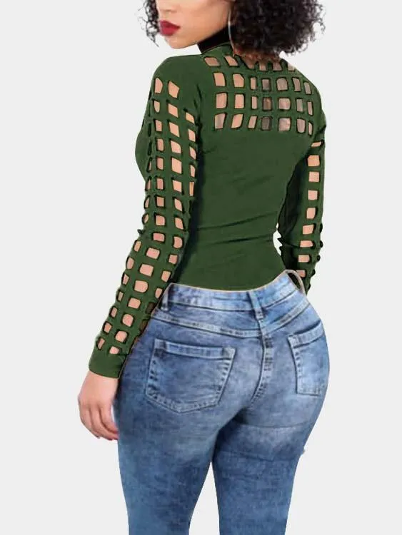 OEM ODM Round Neck Plain Hollow Long Sleeve Green T-Shirts