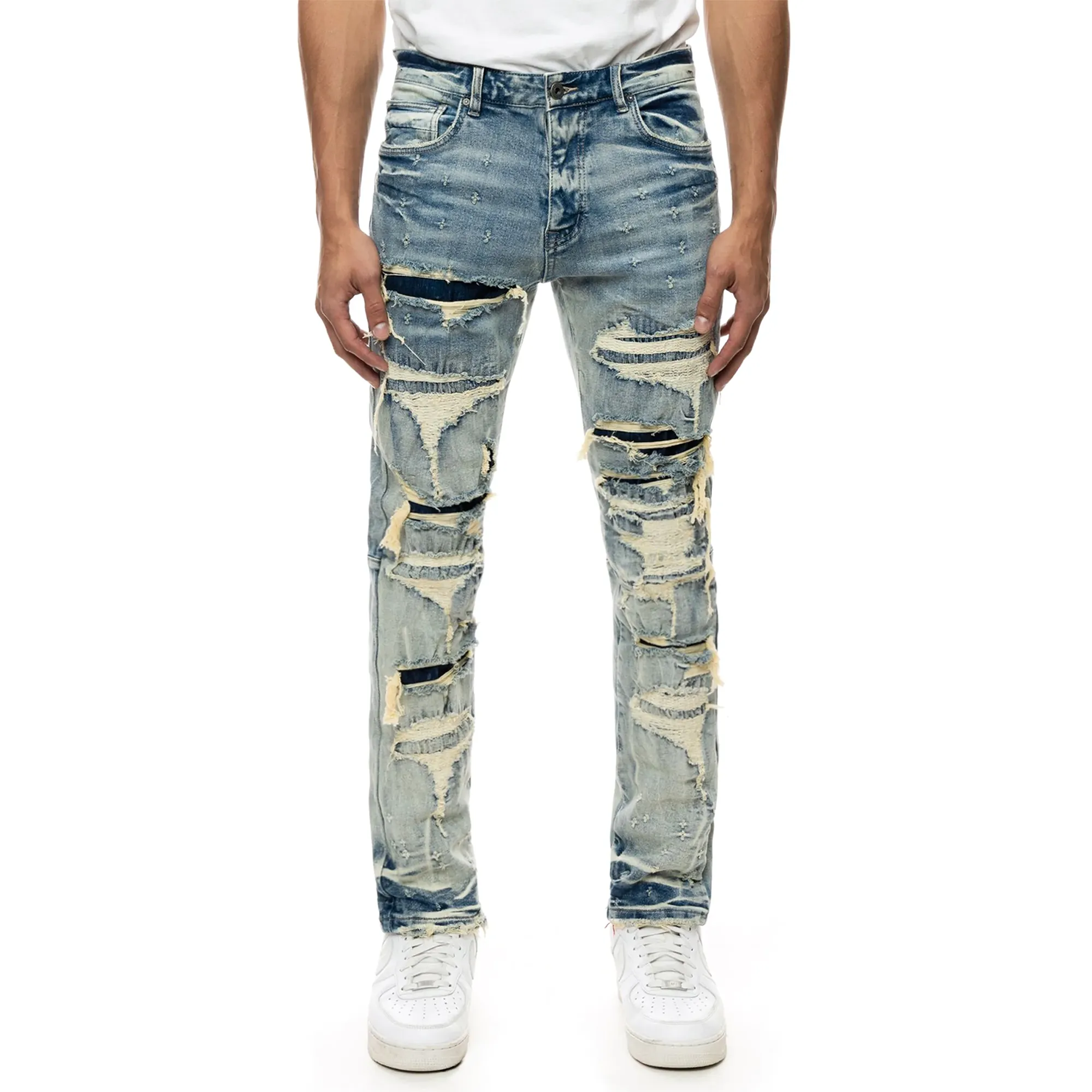 Smoke Rise - "HALFORD" Layered Heavy Rip & Repair Jeans in Aspen Blue