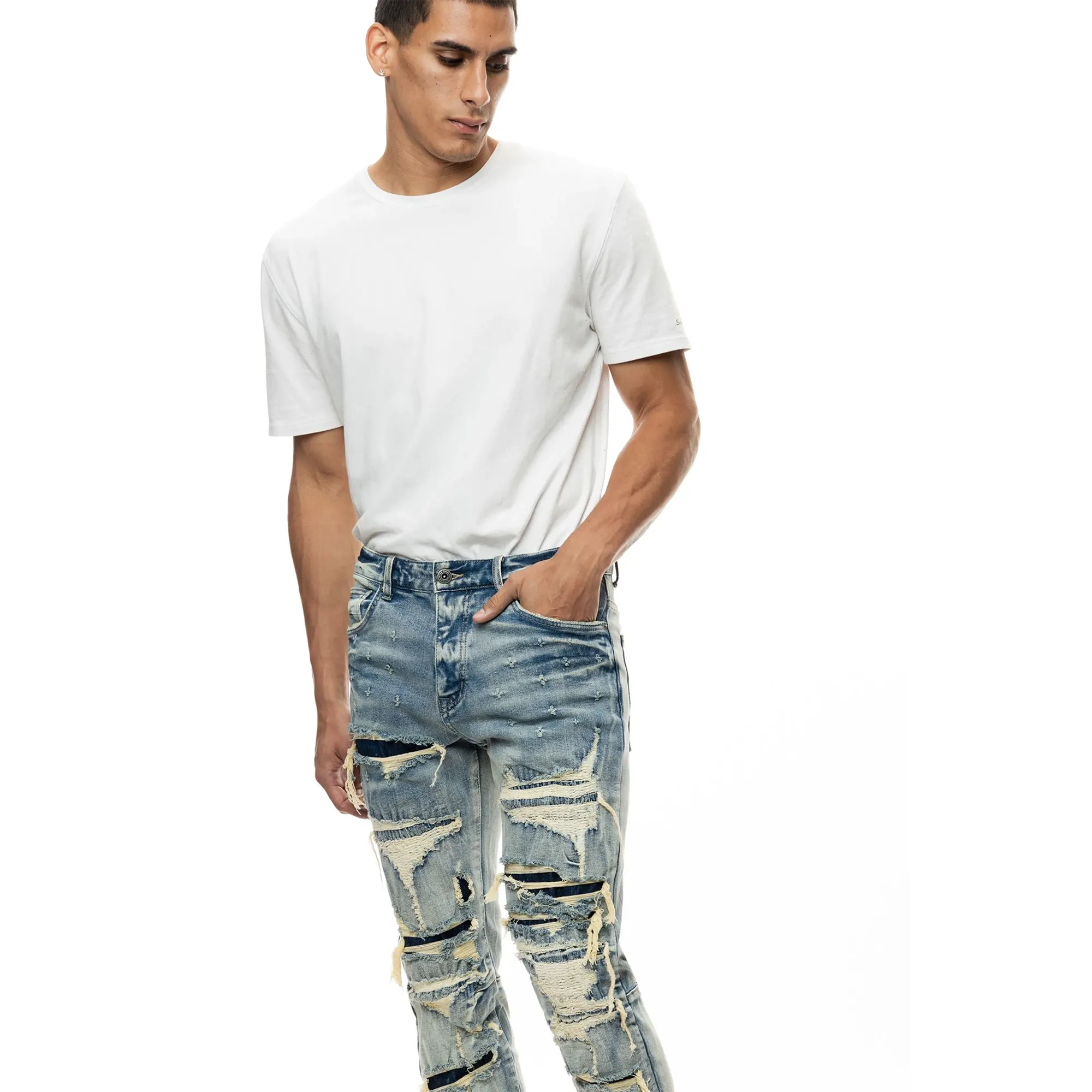 Smoke Rise - "HALFORD" Layered Heavy Rip & Repair Jeans in Aspen Blue