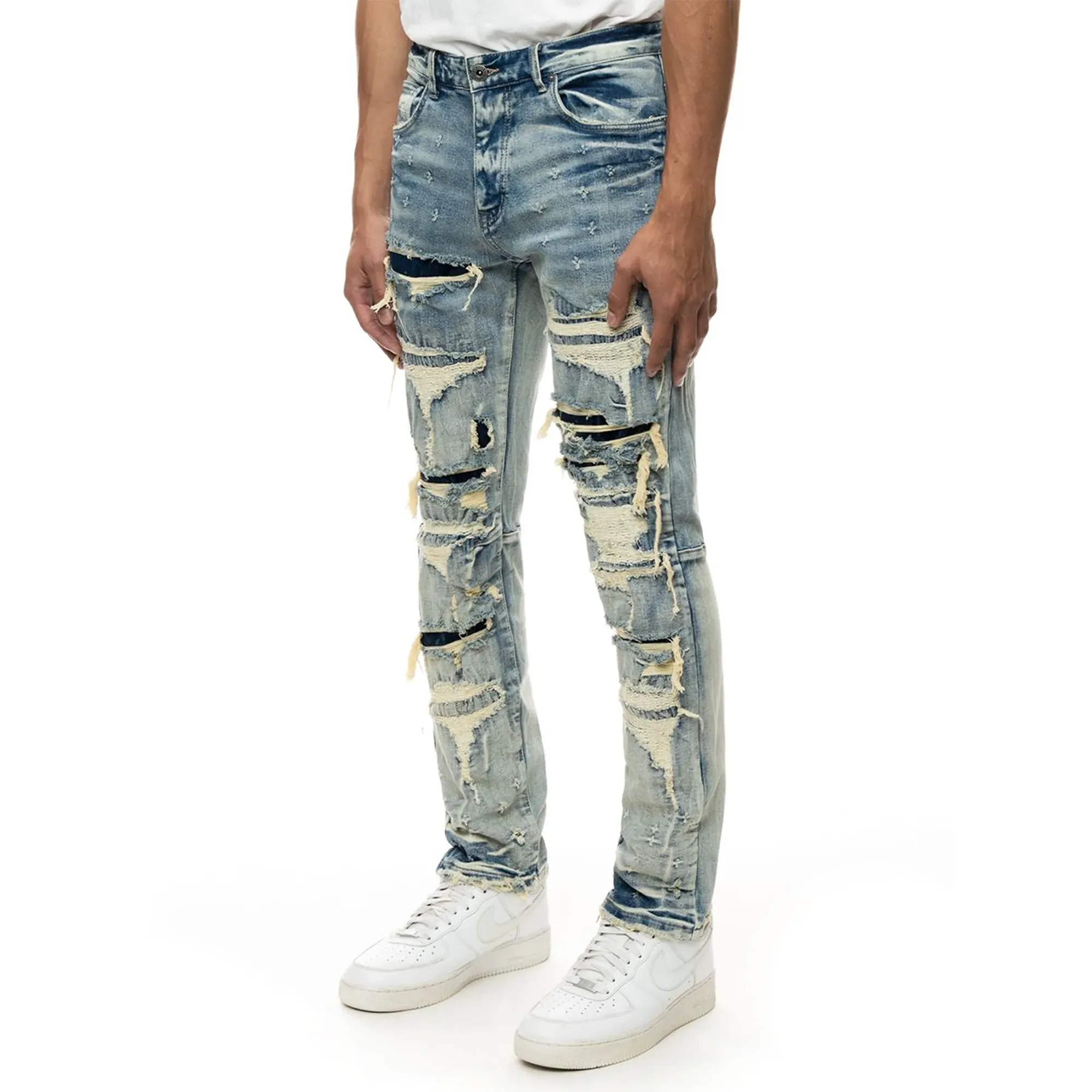 Smoke Rise - "HALFORD" Layered Heavy Rip & Repair Jeans in Aspen Blue