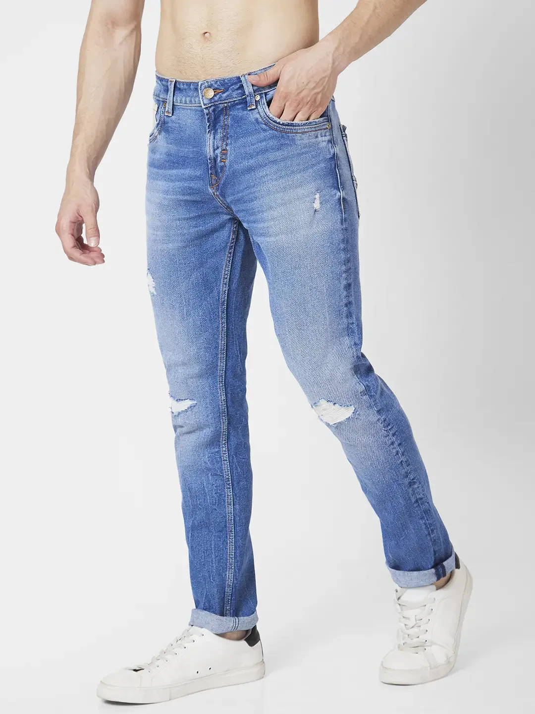 Spykar Men Mid Blue Cotton Slim Fit Narrow Length Mild Distressed Low Rise Jeans (Skinny)