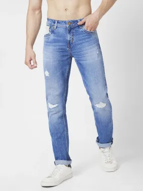 Spykar Men Mid Blue Cotton Slim Fit Narrow Length Mild Distressed Low Rise Jeans (Skinny)