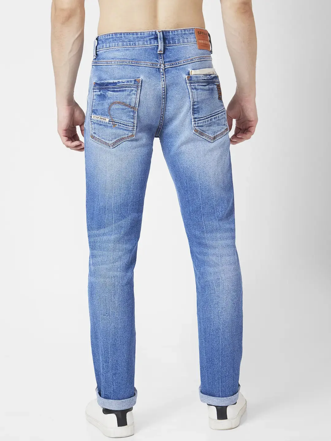 Spykar Men Mid Blue Cotton Slim Fit Narrow Length Mild Distressed Low Rise Jeans (Skinny)