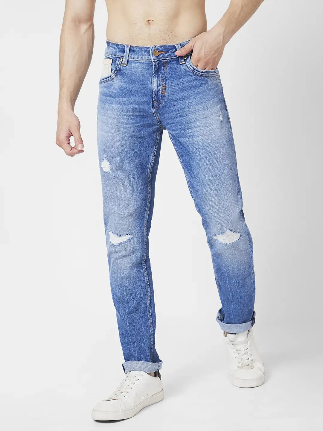 Spykar Men Mid Blue Cotton Slim Fit Narrow Length Mild Distressed Low Rise Jeans (Skinny)