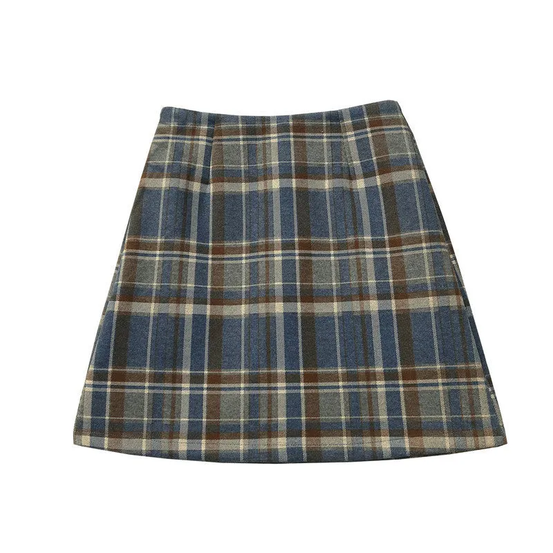 Trendy High Waist Wool Chequered Skirt Women Korean Slim Look Anti-Exposed A-Line Pencil Skirt