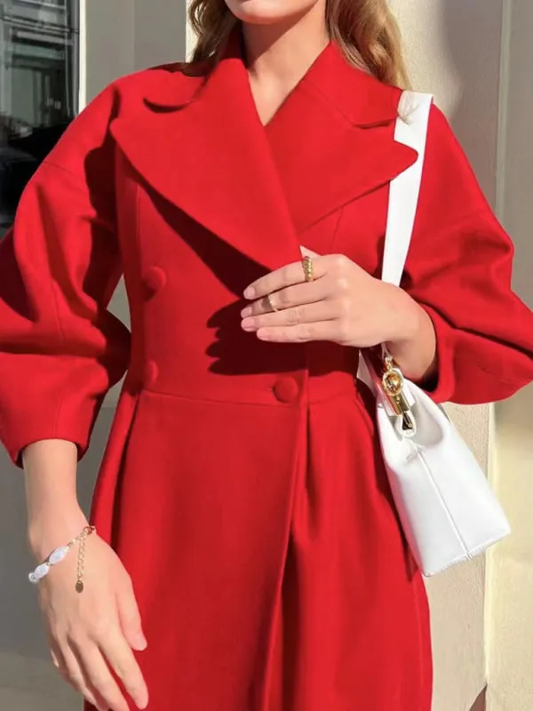 Women’s Long Statement Coat With Pleated Waist And Lantern Sleeves