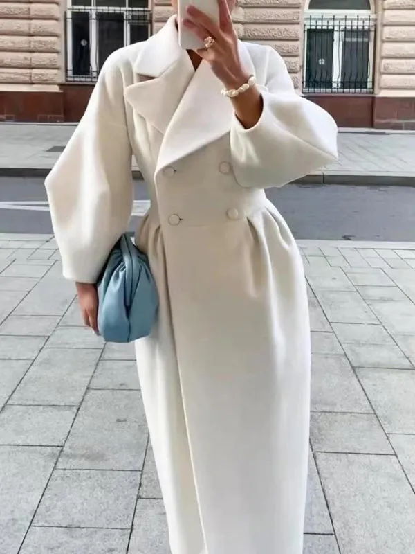 Women’s Long Statement Coat With Pleated Waist And Lantern Sleeves