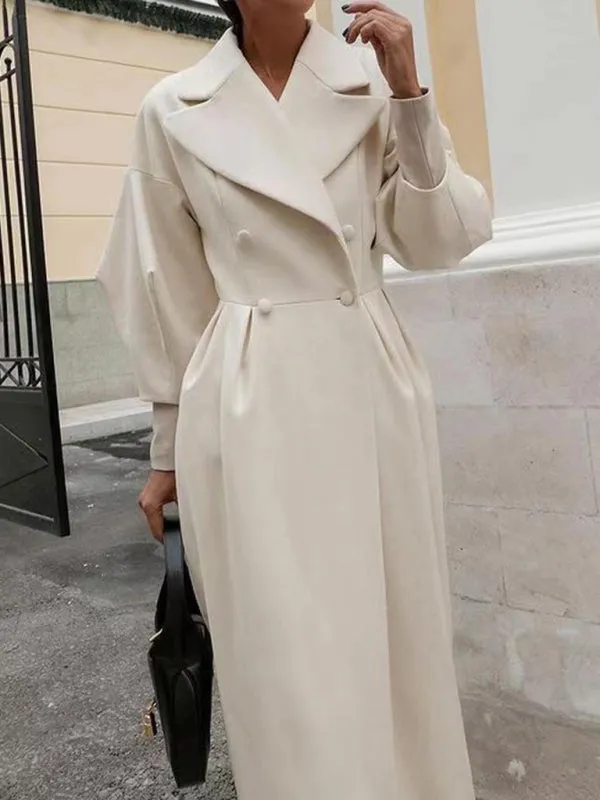 Women’s Long Statement Coat With Pleated Waist And Lantern Sleeves