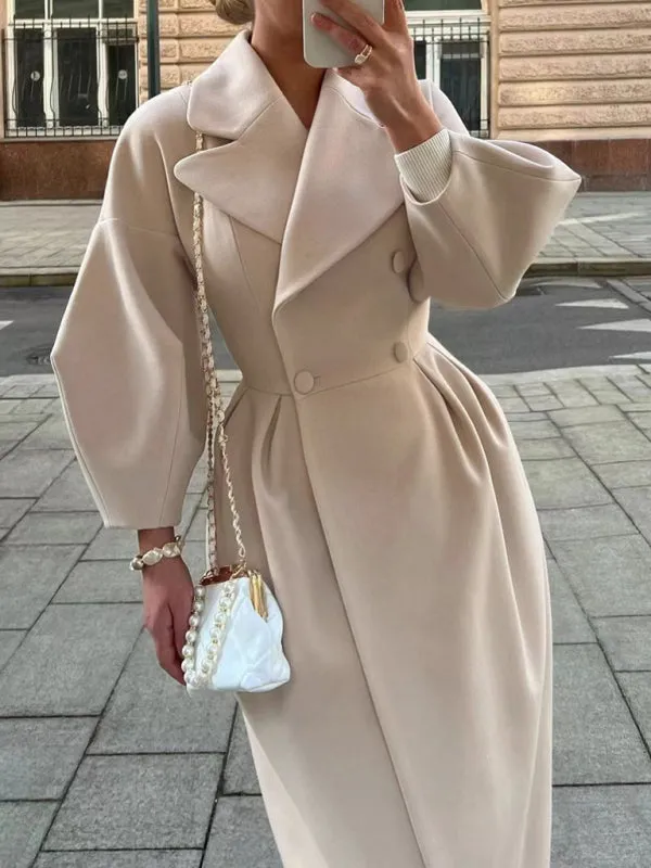 Women’s Long Statement Coat With Pleated Waist And Lantern Sleeves