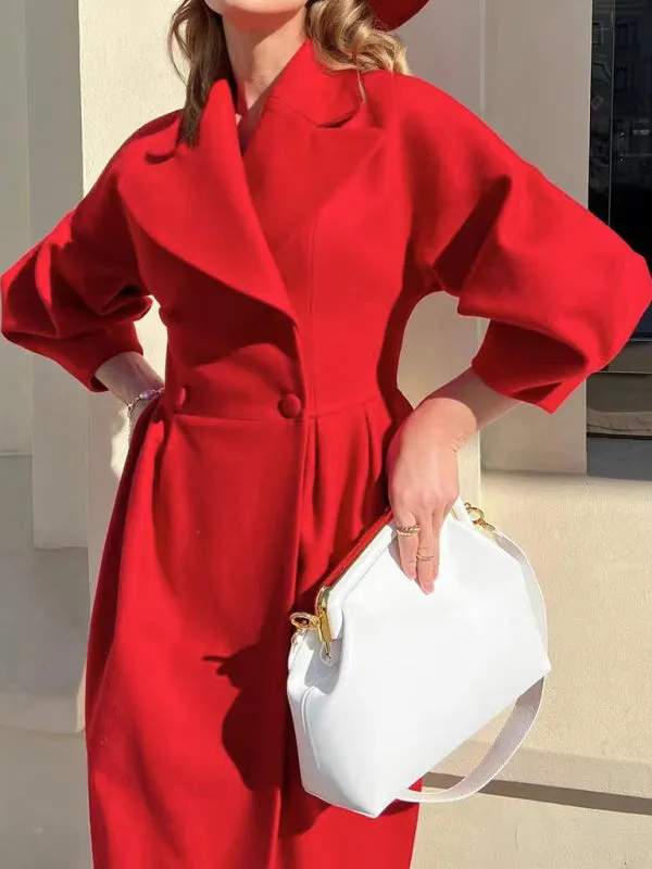 Women’s Long Statement Coat With Pleated Waist And Lantern Sleeves
